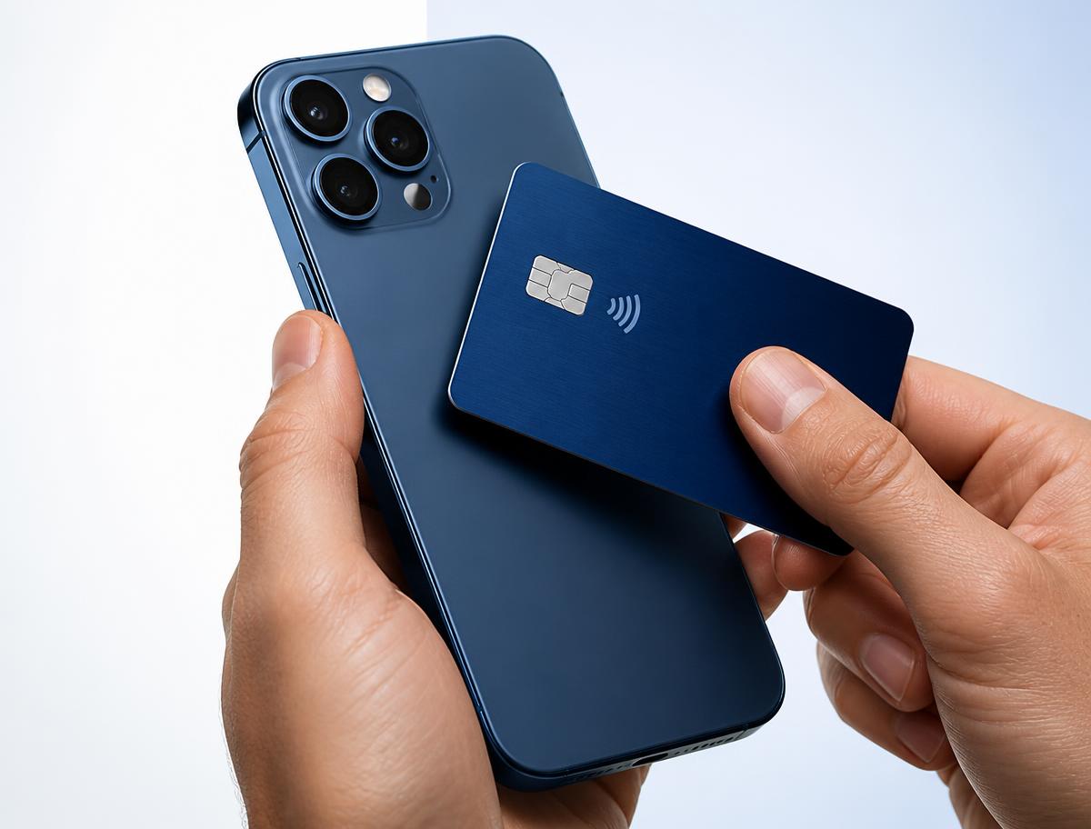 Contactless credit card being tapped against the back of a smartphone to take a payment